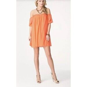Bebe Dress, Off The Shoulder Silk Chiffon, Layered, Size Small 2 Coral Orange